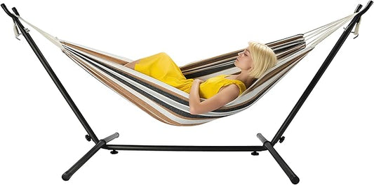 Hammock with Heavy-Duty Steel Stand for Outside，Hammocks 450 Lb Capacity，Portable Hammock，2 People Standing Hammocks，Suitable for Beach，Backyard, Gardens, Patio, Bedroom，100 * 40 * 38 Inch (Coffee)
