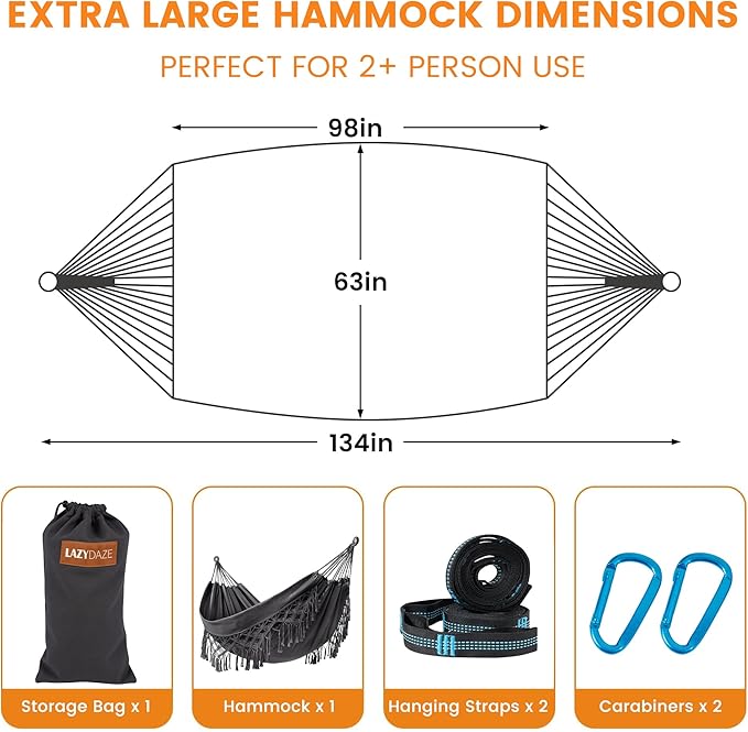 Lazy Daze Hammocks Double Brazilian Cotton Hammock, Extra Large Portable Outdoor Camping Hammock with Tree Straps & Travel Bag for Backyard Patio Poolside Indoor, 550lbs Capacity, Dark Gray