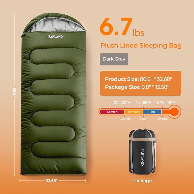 FARLAND Sleeping Bag for Adults, Cold Weather & Warm Plush Fleece-Lined Interior - Portable Waterproof Windproof with Compression Sack for Camping Hiking Traveling Indoor & Outdoor
