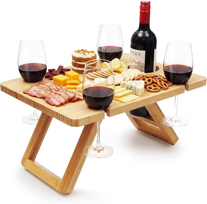 Bamboo Wine Picnic Table, Foldable Portable Charcuterie Tray with Bottle Slot and 4 Glass Holders, 15.6 x 11.7 x 7.5 in, for Beach, Park, Camping