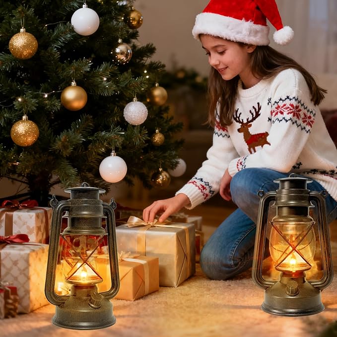 Vintage Lantern LED Outdoor Battery Powered Lanterns with Dancing Flame Wick Waterproof Camping Lamp Non-Solar Hanging Lantern Lights Landscape Decor for Indoor/Outdoor Use- Bronze Color