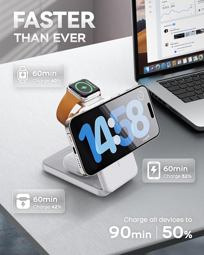 RORRY Portable Charger, 3-in-1 Charging Station 10000mAh Portable Charger Power Bank for MagSafe Foldable Battery Pack Travel for iPhone 17/16/15/14/13/12, for Apple Watch 11/10/9/8/7/Ultra/3/2, White