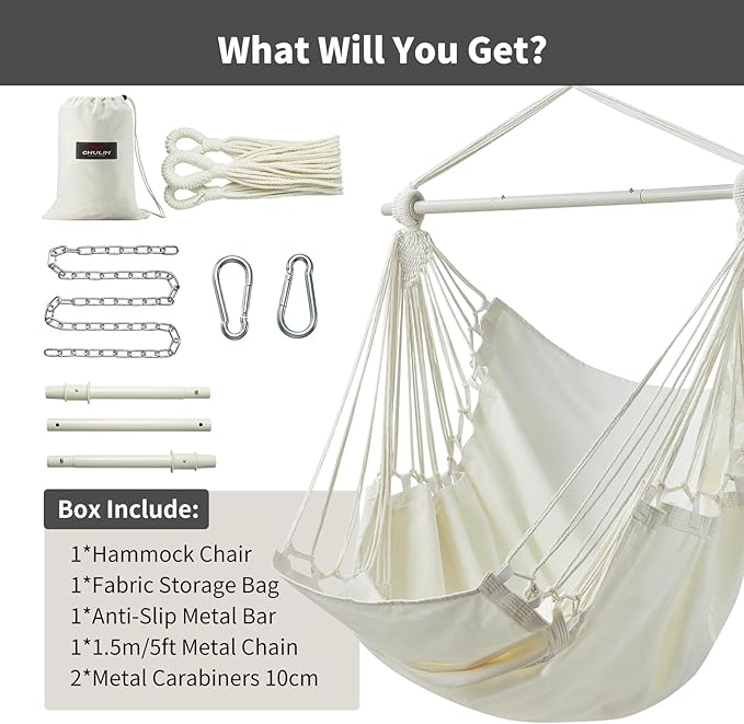 CHULIM Hanging Hammock Chair Swing MAX 500 lbs Outdoor Hanging Chair with Footrest Indoor Swing Chair with Portable Steel Spreader Bar and Hardware Kit for Bedroom Living Room Patio Porch - White