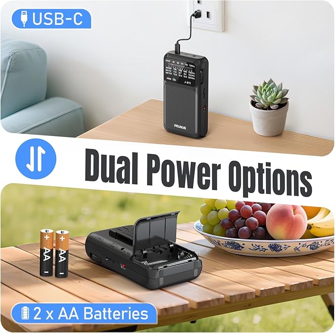 PRUNUS J-211 Portable Radio AM FM with USB C Charging and AA Battery Operated, Transistor Radio, Strong Reception& Clear Speaker, Headphone Jack, Back Clip, Lanyard, Small Radios Portable AM FM