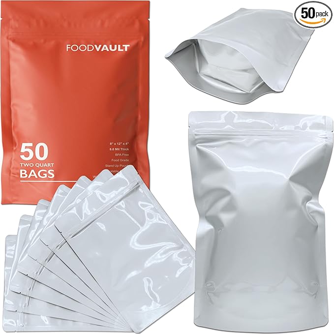 2 Quart Mylar Bags, 16 Mil Total Thickness, Stand-Up Vacuum Seal Bag for Long-Term Food Storage, Dehydrated Meals [50-Pack | 8" x 12" x 4"]