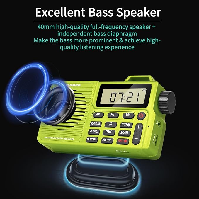 Portable AM/FM Radio, Digital Radio Recorder, Bluetooth 5.0 Speaker, Alarm & Sleep Function, 12/24H Time Display (Yellow Green)