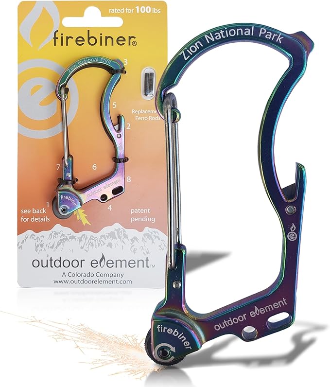 OUTDOOR ELEMENT Firebiner Custom Engraved 6-in-1 Fire Starter Carabiner Multitool – Survival Gear EDC Keychain with Utility Blade, Bottle Opener, Screwdriver, Emergency Tool