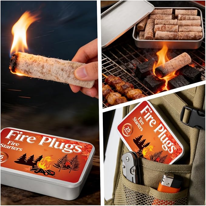 Fire Starter Plugs, 25-Pack, Long Burning Windproof Starters for Campfire, BBQ, Fireplace, Chimney