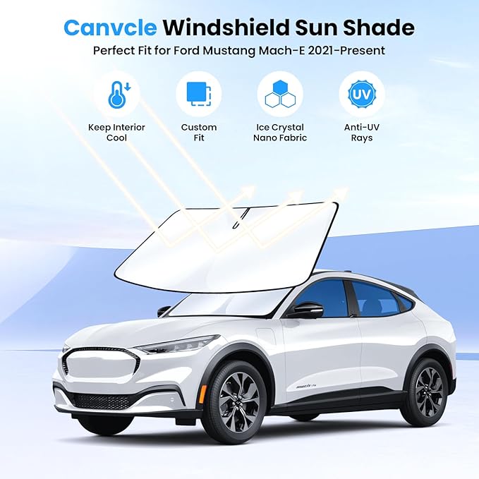 Canvcle Windshield Sun Shade for 2021-2025 2026 Ford Mustang Mach-E Accessories Upgraded Double-Layer Front Window Sunshade Cover Sun Visor Protector Foldable Block UV Rays Keep Vehicle Cool