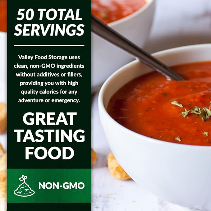 Valley Food Storage Tomato Basil Soup | 10-Bag Bucket, 50 Servings | Premium Emergency Food Supply with 25 Year Shelf Life | Survival Meal Kits, Prepper Food, Camping & Off-Grid Living Supplies | Packaged in USA