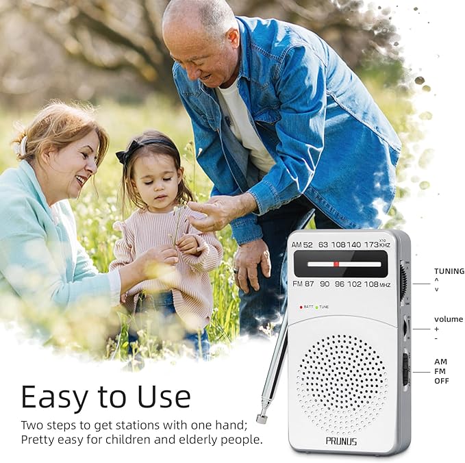 PRUNUS J-166 Portable Radio AM FM, Gifts for Dad and Mom, Battery Operated Radio with Tuning Light, Back Clip, Excellent Reception, AM FM Radios Portable, Transistor Radios