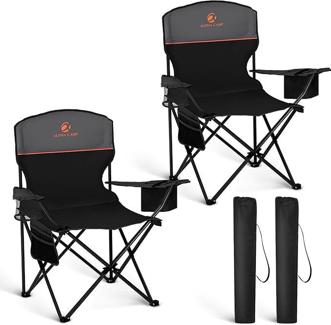 HIGH POINT SPORTS 2 Pack Portable Camping Chair for Adults, Folding Outdoor Camp Chair Lightweight Lawn Chairs Folding Collapsible Chair for Camping, Tailgates, Beach, Black, Support 350 lbs