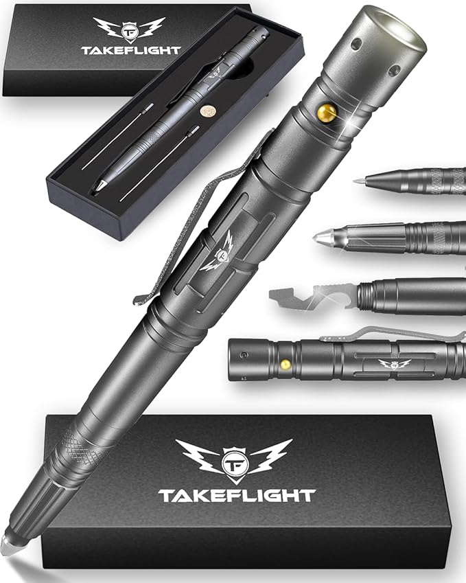 Tactical Pen – Self Defense Survival EDC Pen with LED Flashlight, Glass Breaker & Bottle Opener – Military Multitool Pen for Men & Women – Veteran-Owned TakeFlight – 2 Ink Refills + Extra Battery