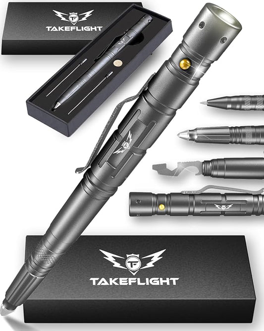 Tactical Pen – Self Defense Survival EDC Pen with LED Flashlight, Glass Breaker & Bottle Opener – Military Multitool Pen for Men & Women – Veteran-Owned TakeFlight – 2 Ink Refills + Extra Battery