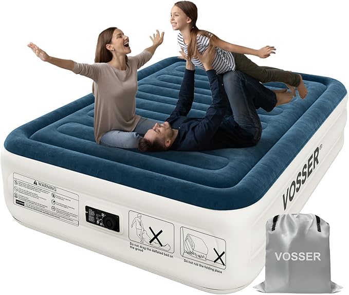 VOSSER Queen Air Mattress with Built-in Pump,Fast & Easy Inflation/Deflation Inflatable Mattress, Foldable Blow Up Mattress with Storage Bag, Inflatable Bed for Home, Camping & Guests