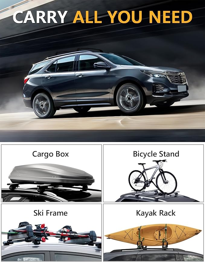 Tuyoung 300lbs All Aluminum Roof Rack Cross Bars Compatible with 2018-2024 Chevy Chevrolet Equinox GMC Terrain (Not for EV), Lockable Heavy Duty Aluminum Roof Rails Crossbars Luggage Cargo Carrier