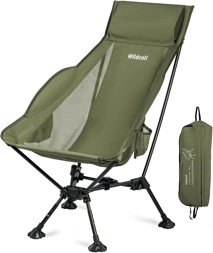 WildCall Lightweight Folding High Back Camping Chair with Head Support, Compact Beach Chair with Anti-Sinking Large Feet and Three Tilt Angles Adjustment