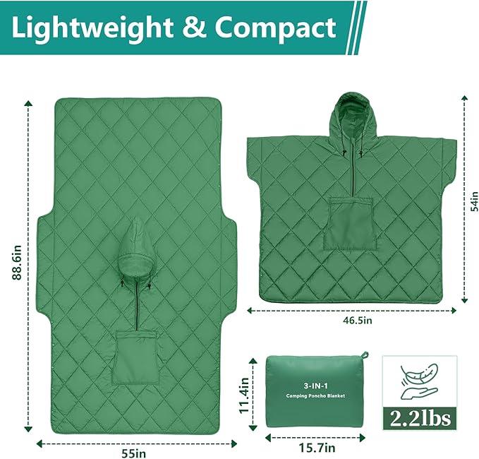 Camping Outdoor Blanket, Ultralight Down Alternative Printed Travel Camp Blankets for Sleeping Packable Waterproof Puffy Quilt for Hammock Picnic Stadium Beach Cold Weather (Green Blanket Poncho)