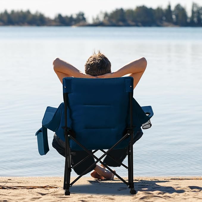 Unisakey Oversized Rocking Camping Chair with Headrest & Cup Holder - 400lbs Capacity, 600D Oxford Fabric, Easy Fold Portable Outdoor Rocker Chair for Camping, Backyard, Beach, Blue