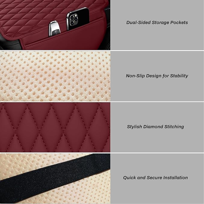 Car Center Console Cover, Upgraded Microfiber Leather Car Arm Rest Cover with 2 Storage Bags, Universal Armrest Cover for Car Storage Box Car Interior Accessories Protector for Most Vehicle-Red