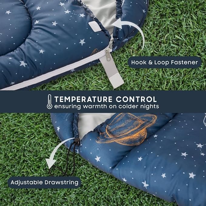 Wake In Cloud - Kids Sleeping Bag for Boys Toddlers, Camping in Warm Cold Weather, Backpacking Lightweight Compact Outdoor Liner for 3 Seasons, Space Stars Rockets Galaxy
