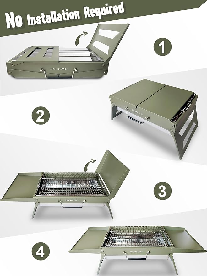 Charmline 20 x 14 inches Large Foldable Portable Charcoal BBQ Grill, Camping BBQ Grill for 3–5 People, Ideal for Camping, Garden, Beach, Picnic & Tabletop Use, Green