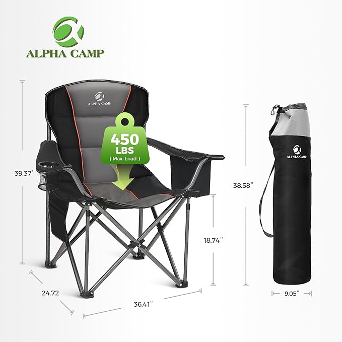ALPHA CAMP 2PC Oversized Camping Chair Heavy Duty Lawn Chair with Cooler Bag (Black)