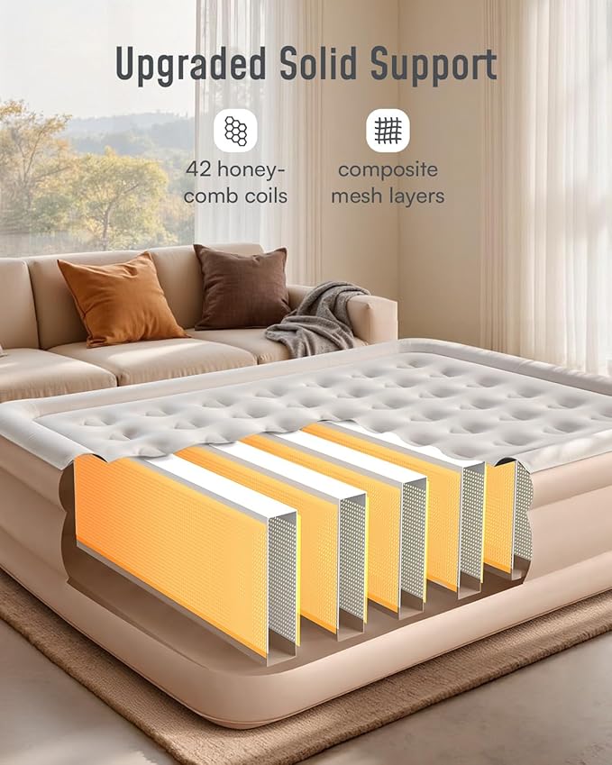 Airefina Air Mattress Queen with Built-in Pump, 18" Raised Inflatable Blow Up Mattress with Luxury Carry Bag, Upgraded Stable Honeycomb Coil Support, Air Bed for Home, Guest, Colchones Inflables