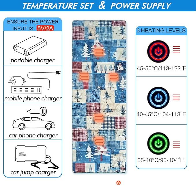 Heated Sleeping Bag pad, 3 Adjustable Temperature Levels, Heated Sleeping Bag Liner for Cold Weather Backpacking or Hiking, Multi USB Power Supported (Christmas Tree, 76" x 24")