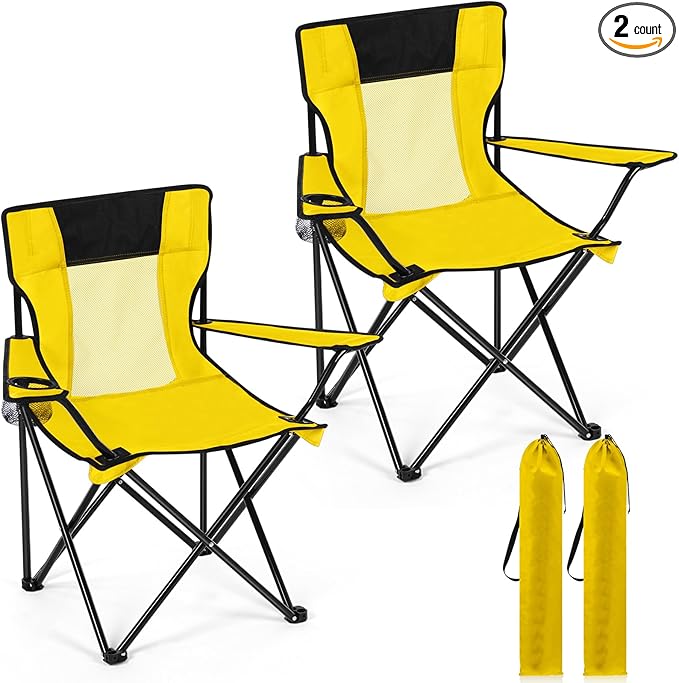 Shellwei 2 PCS Folding Camping Chair with Cupholder and Carry Bag Regular Size Colorful Breathable Portable Lightweight Lawn Chair with Side Pocket for Fishing Hiking Beach Outdoor Activity