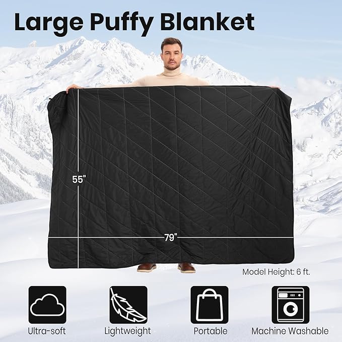 Ultralight Puffy Blanket, Outdoor Camping Blanket, Water-Resistant and Packable, Great for Camping, Stadium, Traveling, Backpacking, Picnic and Beach. 79"x55". Black.