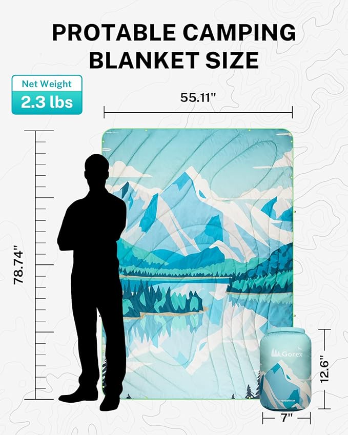 Gonex Camping Blanket with Aero-Warmth Breathable Layer - Puffy Printed Packable Blanket, Ultralight Wearable Water-Resistant Quilt, 79" X 55" for Camping, Beach, Hiking, Travel, Picnics (Iceberg)