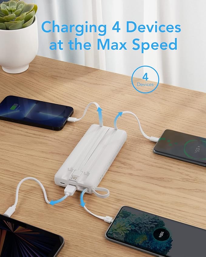 VRURC Portable Charger 20000mAh, Built-in Cables Fast Charging Power Bank, PD QC 3.0 Travel Essentials Battery Pack, 4 Output & 2 Input Phone Charger for iPhone16 15 14 13 X, Samsung, Android