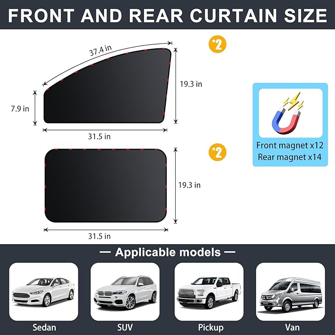 XCBYT Car Window Shades for Side Window - 4 Pack Magnetic Car Window Covers 99% UV and Glare Block Privacy Curtains for Breastfeeding, Napping, Dressing, Camping