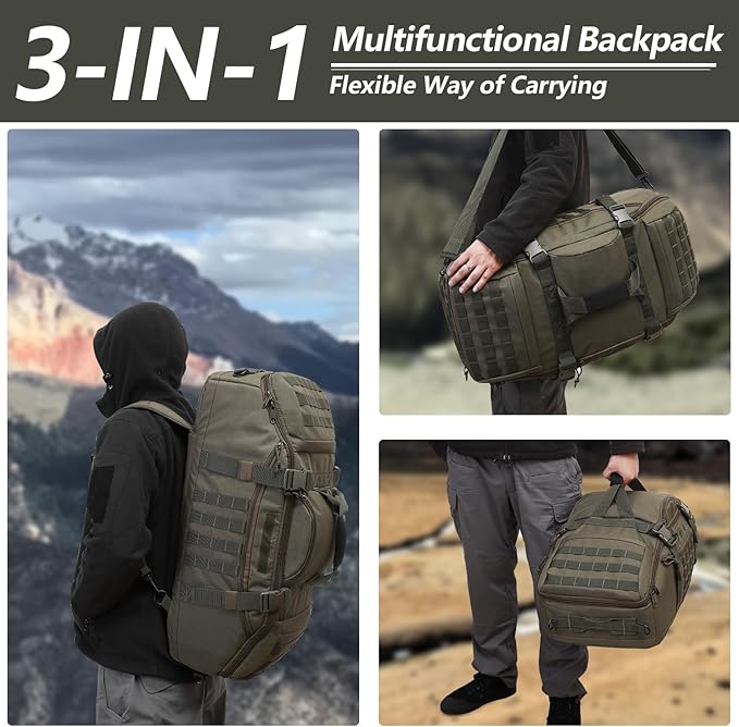 Hannibal Tactical 55L Large Duffle Bag, 3-in-1 Tactical Backpack MOLLE Pack for Sports, Gym, Outdoor, Olive Green