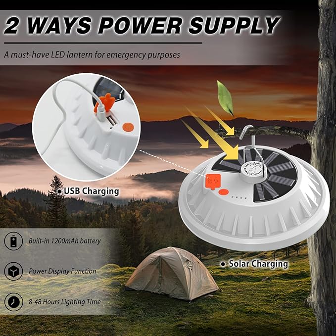 2-Pack Solar Camping Lantern DIBMS LED Portable Solar USB Rechargeable Emergency Flashlight Waterproof Ceiling Lights w/ Remote for Camping Hurricanes Power Outages Homes Indoor Outdoor