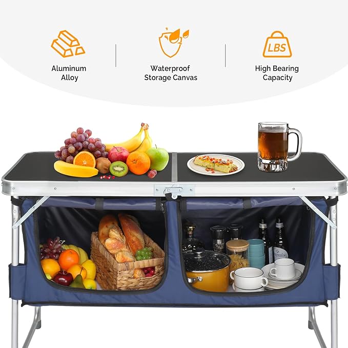 VINGLI 4 Ft Folding Table, Aluminum Camping Table, Picnic Table with Storage, Adjustable Height for Outdoor Beach BBQ Backyards Travel Party (Black ＆ Blue)