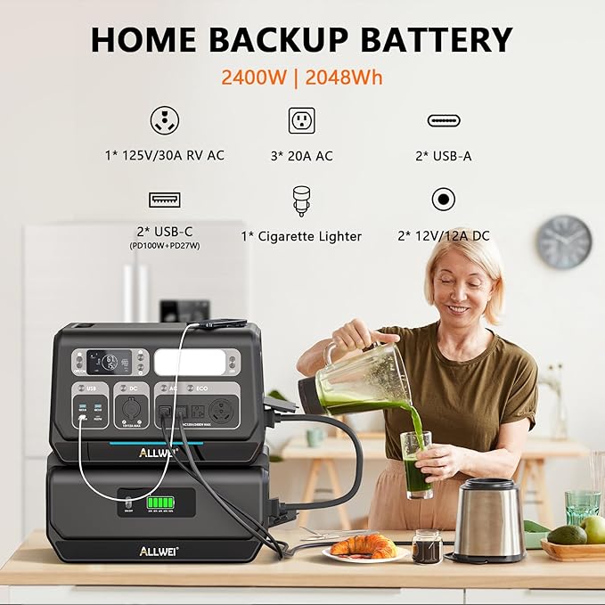 ALLWEI 2400W Portable Power Station with B200 PRO Expansion Battery, 4096Wh LiFePO4, 3600W Super Power Mode, 1500W AC Charging & 1200W Solar Charging Generator for Camping Home Outdoor Emergency
