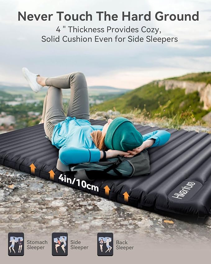 Hikenture Double Sleeping Pad for Camping, Ultralight 4" Extra-Thick Camping Mattress 2 Person, Inflatable Backpacking Sleeping Mat, Hiking Air Mattress for Tent (Grey Footpump 79x47.5in)