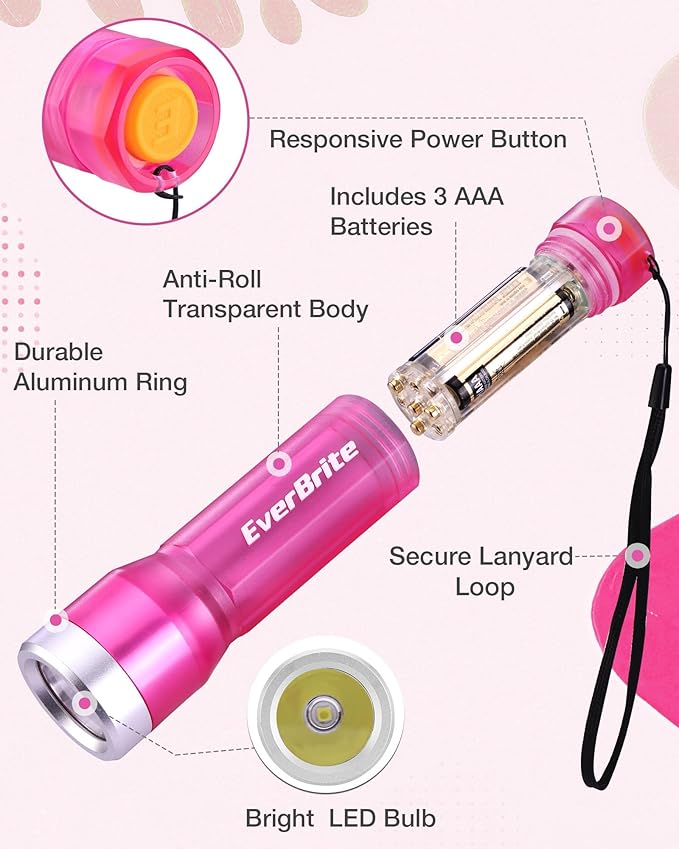 EverBrite Small Flashlight, Compact LED Flash Light with 3 Modes, 3 AAA Batteries Included, Water-Resistant Mini Flashlight for Home,Emergencies and Camping, Pink, 1 Pack