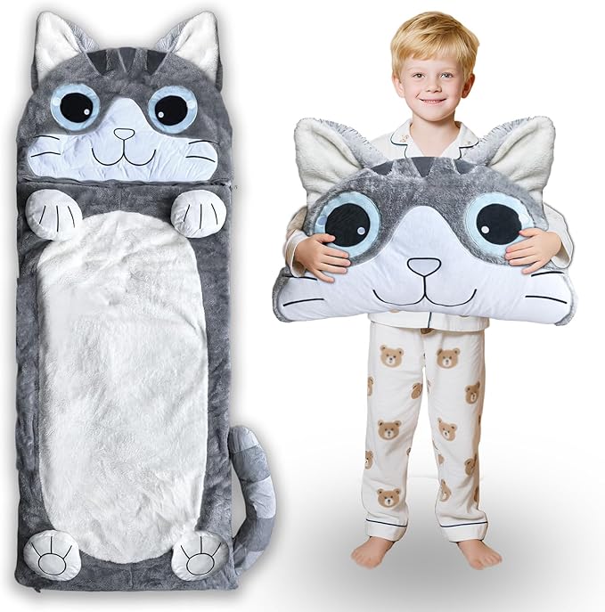 Kid Sleeping Bag with Pillow - Larger Nap Mat - Plush Slumber Bag for Boys Girls Daycare Preschool Kindergarten Birthday Gift Travel Sleepover Ages 3-12 Years