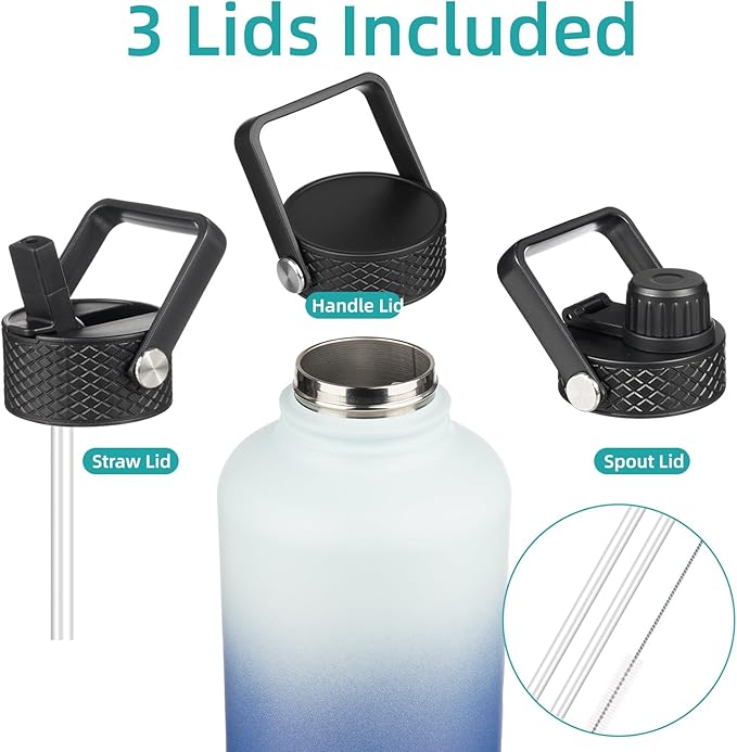 Konokyo Half Gallon Insulated Water Bottle with Straw,64 oz 3 Lids Water Jug with Carrying Bag,Paracord Handle, Double Wall Vacuum Stainless Steel Metal Flask,Sky