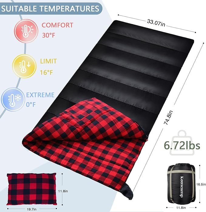 Keencamp 0 Degree Sleeping Bag Cotton Flannel Winter Cold Weather for Adults XXL Sleeping Bag 4 Season Big and Tall with Pillow Compression Sack