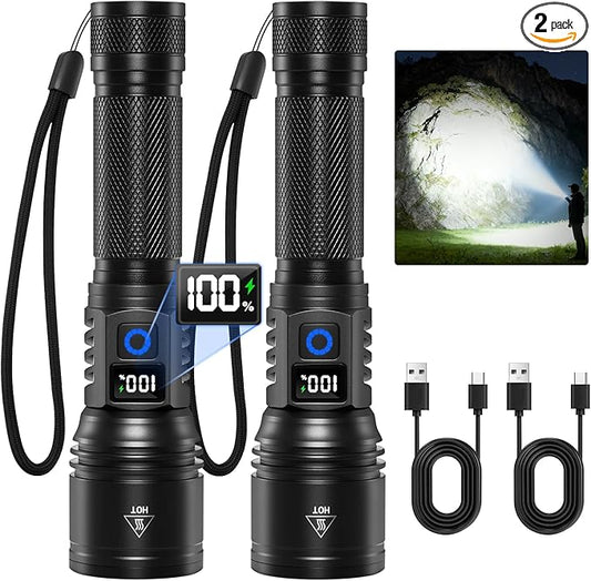 Rechargeable Flashlights High Lumens 2Pack, 5Modes Super Bright Flashlight Rechargeable, LED Flashlight Powerful, Handheld Tactical Flash Lights for Home Emergencies Camping Essentials, Gifts for Men