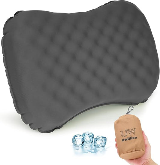 UWILLION Camping Pillow with Ice Silk Memory Foam Cover - Ultralight Inflatable Pillow for Camping Lightweight, Ergonomic and Washable for Camping, Hiking, and Travel Gray