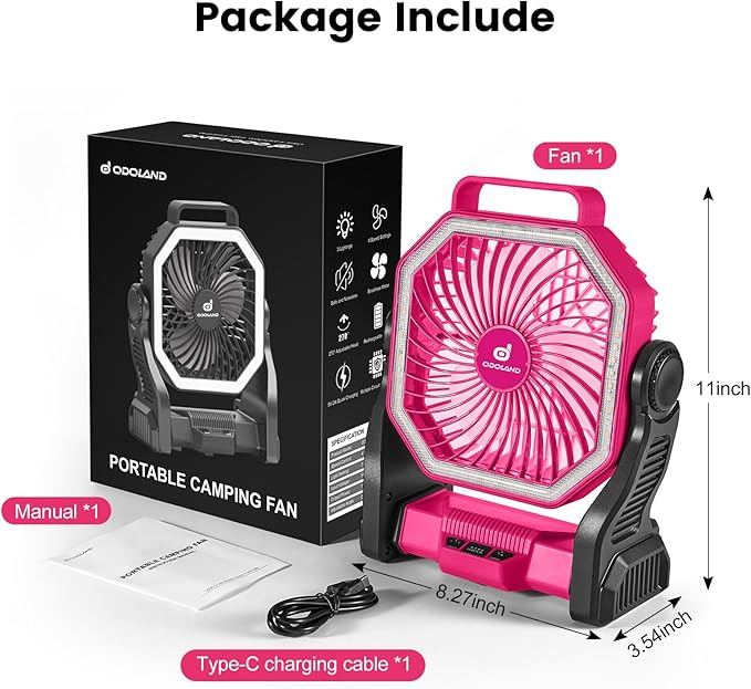 Odoland Rechargeable Camping Fan, 20000mAh Battery Fans with LED Lantern for Tent Car Beach Storm, Portable Light Desk Cooling Fan for Picnic Power Outage Hurricane, Pink