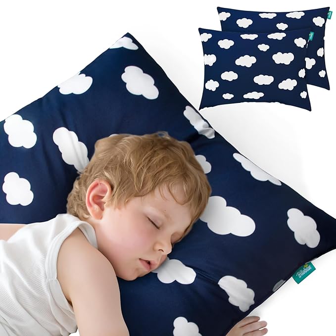 Biloban Toddler Pillow for Sleeping, Kid Pillows 14" x 19" for Small Travel Bed, Nap Pillow, Soft & Skin-Friendly Small Pillows for Sleeping, Toddler Use Only, Age 2 to 5, 2 Pack (Navy Cloud)