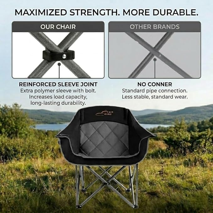 FAIR WIND Oversized Padded Camping Chair Heavy Duty Quad Fold Arm Chair Portable for Outdoor - Support 500LBS, Black