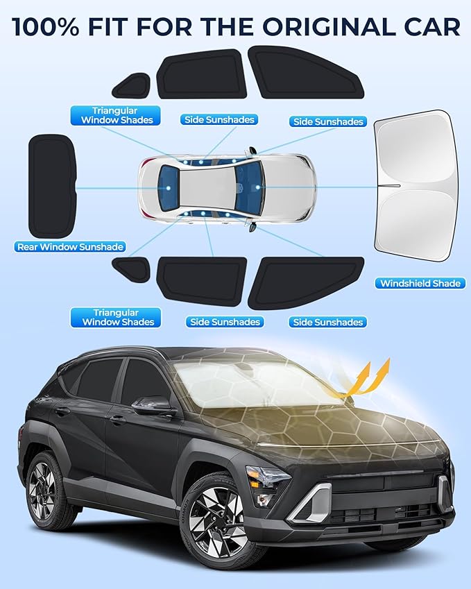 for Hyundai Kona 2024-2026 Car Window Shades, 8pcs Privacy Sun Shade Set for Front Windshield Side and Rear Windows, Full Window Covers Keeps Vehicle Cool for Camping Napping