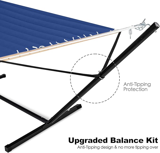 GAFETE 2 Person Hammock with Stand for Outside, Heavy Duty Steel Stand, Double 55inch Hammocks, Large Removable Pillow, Storage Bags, Max 475 lbs Capacity (Blue)